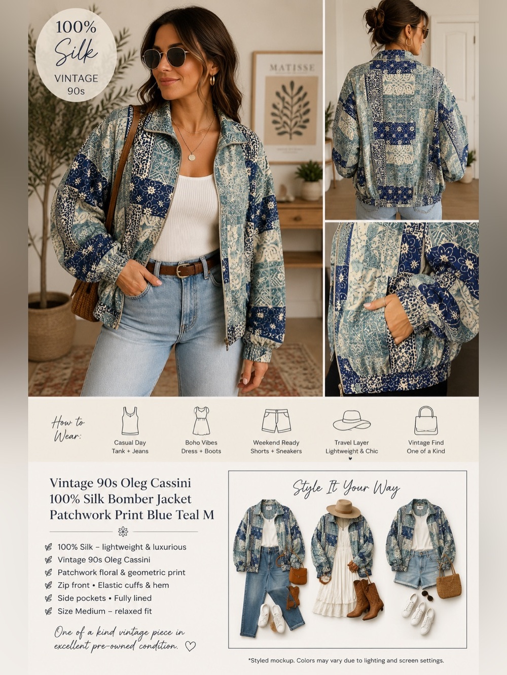 Vintage Oleg Cassini 100% Silk Patchwork Bomber Jacket Blue Teal Zip Medium - Picture 2 of 12